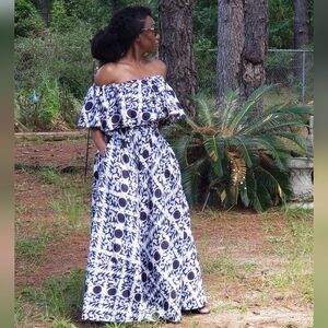 Chic Indigo Blue Off Sholder Ruffled Sholder Maxi  Dress